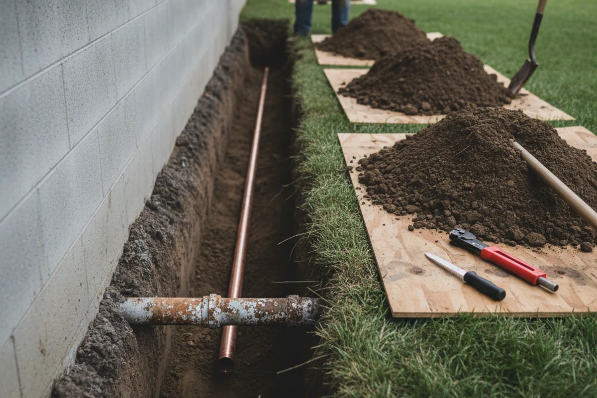 Excavated water line trench during Sewer Line Repair in Argenta